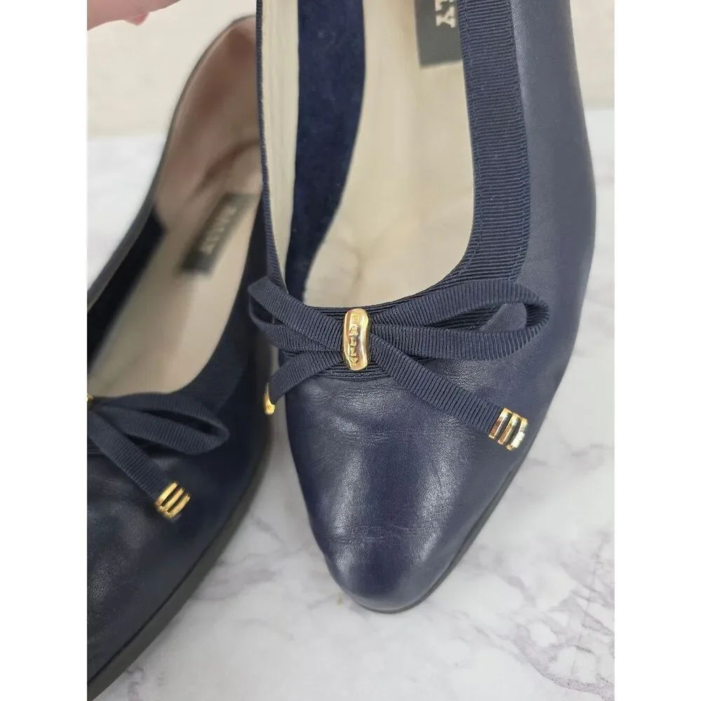 Bally Belle Leather Navy Blue Gold Tone Bow-Accent Women's Low Wedge Ballet Flat - Picture 4 of 14